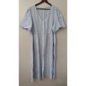 Madewell Cassie Midi Dress Linen Button Blue Stripe Cottagecore Coastal XL NWT
